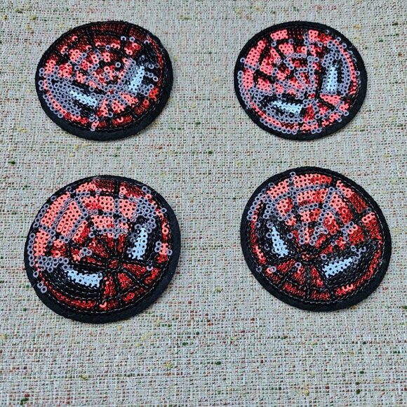 Lot of 4 Patches Red Sequins Sewing On Patches Red/Black Spider Web Round Patch - Picture 4 of 10